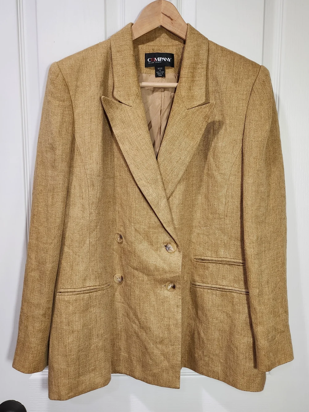 Ellen Tracy Company Petite Gold Tan 100% Linen Double Breasted Blazer Size 12